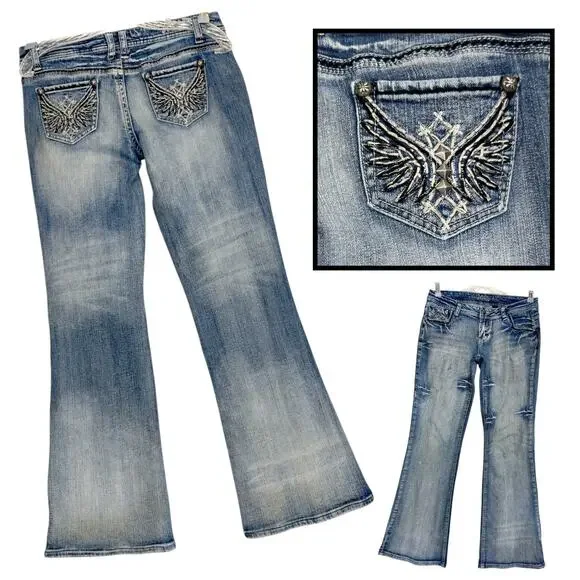 Vintage Y2K Low Rise Flare Jeans 29 Embroidered Studded Grunge Mall Grunge - Picture 5 of 13